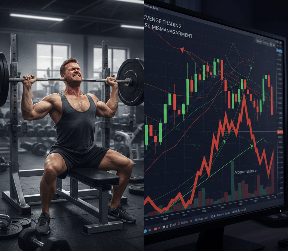A split-screen graphic showing a weightlifter with poor form and a trading chart showing revenge trading and risk mismanagement.