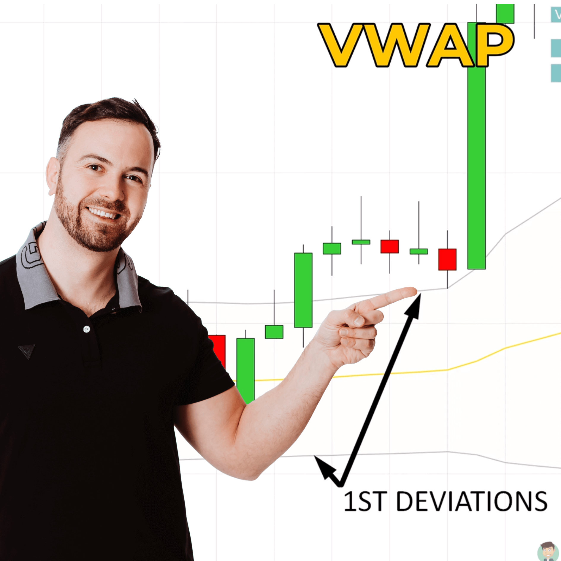 Trader Dale pointing to a bullish candlestick chart featuring the yellow VWAP line and grey 1st deviation bands to teach how to trade with VWAP setups.