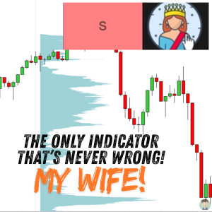 A trading chart with a Volume Profile overlay and a "Tier S" graphic featuring a queen icon, captioned with the joke that a wife is the only 100% accurate market indicator.