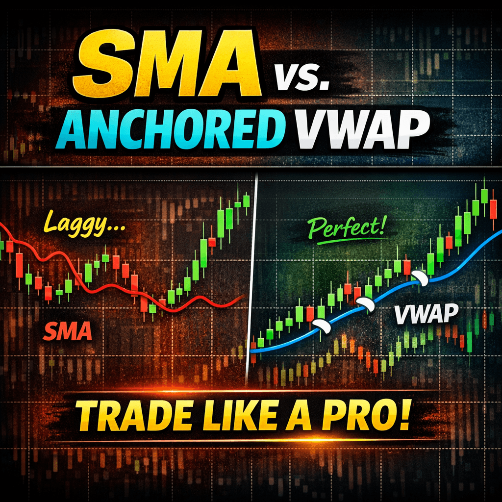 A high-contrast financial trading infographic comparing two charts side-by-side. The left chart displays a wavy, red Simple Moving Average (SMA) with the text "Laggy..." The right chart displays the same or very similar price action but with a smooth, precise blue Anchored VWAP line that tracks major lows, labeled "Perfect!" and "VWAP." At the top, a bold yellow and blue title reads "SMA vs. ANCHORED VWAP." At the bottom, glowing yellow text states "TRADE LIKE A PRO!"