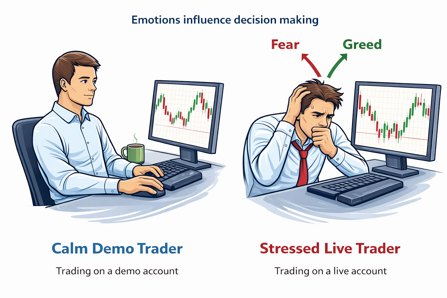 An illustration comparing a calm trader on a demo account versus a stressed trader on a live account influenced by fear and greed.