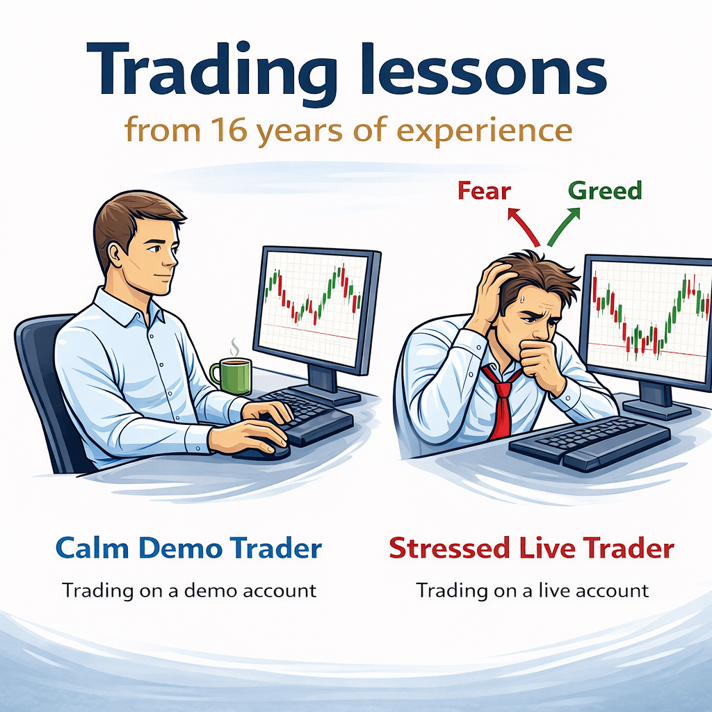 Illustration comparing a calm demo trader and a stressed live trader affected by fear and greed, titled “Trading Lessons from 16 Years of Experience.”