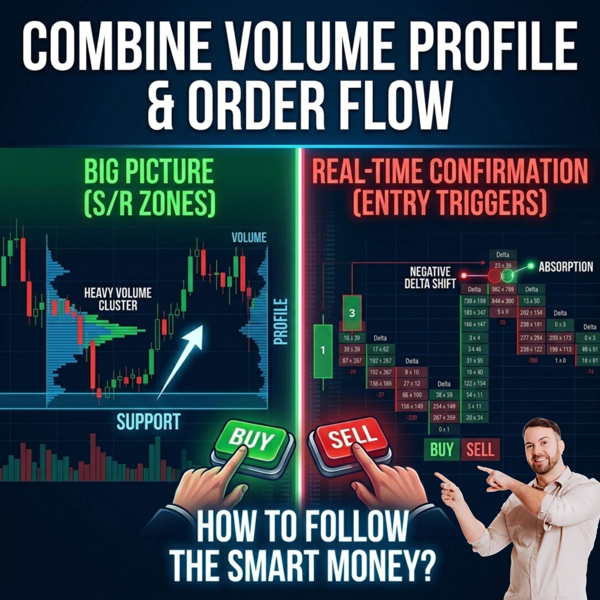 The left side is a candlestick chart with a Volume Profile overlay, labeled 'BIG PICTURE (S/R ZONES)' in green. The right side is a Footprint chart, labeled 'REAL-TIME CONFIRMATION (ENTRY TRIGGERS)' in red, showing specific 'NEGATIVE DELTA SHIFT' and 'ABSORPTION' nodes. Bold text in the center asks 'HOW TO FOLLOW THE SMART MONEY?' with red thumbs pointing to 'BUY' and 'SELL' buttons.