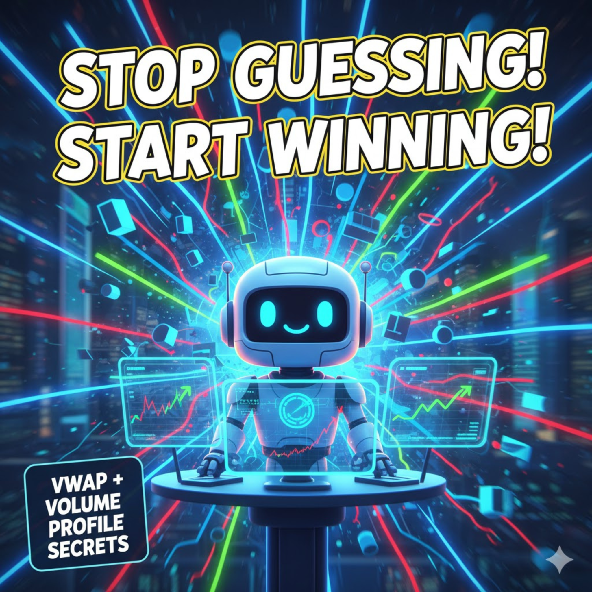 A friendly blue robot trader sitting at a futuristic desk with digital screens showing green and red stock charts, with the text Stop Guessing! Start Winning!