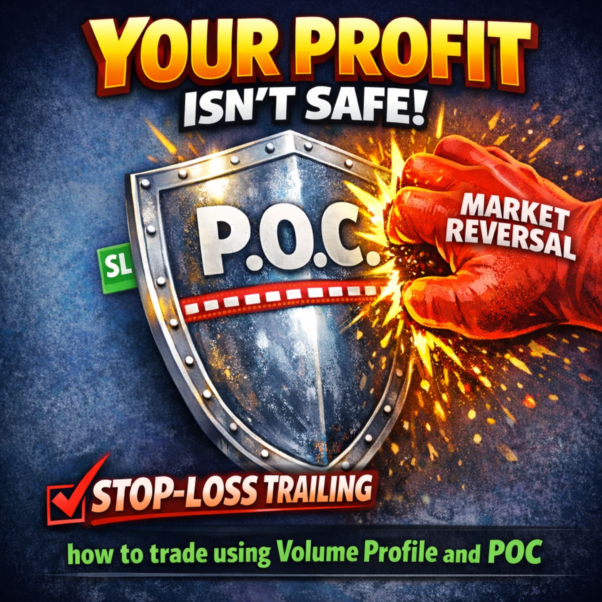 A high-impact trading thumbnail featuring a metallic shield labeled P.O.C. blocking a giant red fist labeled Market Reversal. The text reads Your Profit Isn't Safe and includes the key phrase how to trade using Volume Profile and POC.