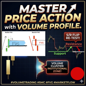 Professional trading image titled "Master Price Action with Volume Profile" featuring FVG diagrams, S/R flip charts, and institutional volume clusters.