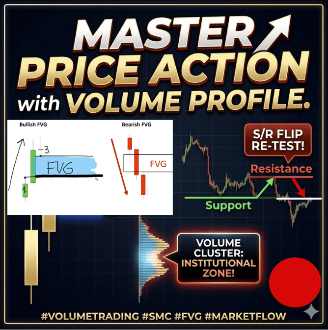 Professional trading image titled "Master Price Action with Volume Profile" featuring FVG diagrams, S/R flip charts, and institutional volume clusters.