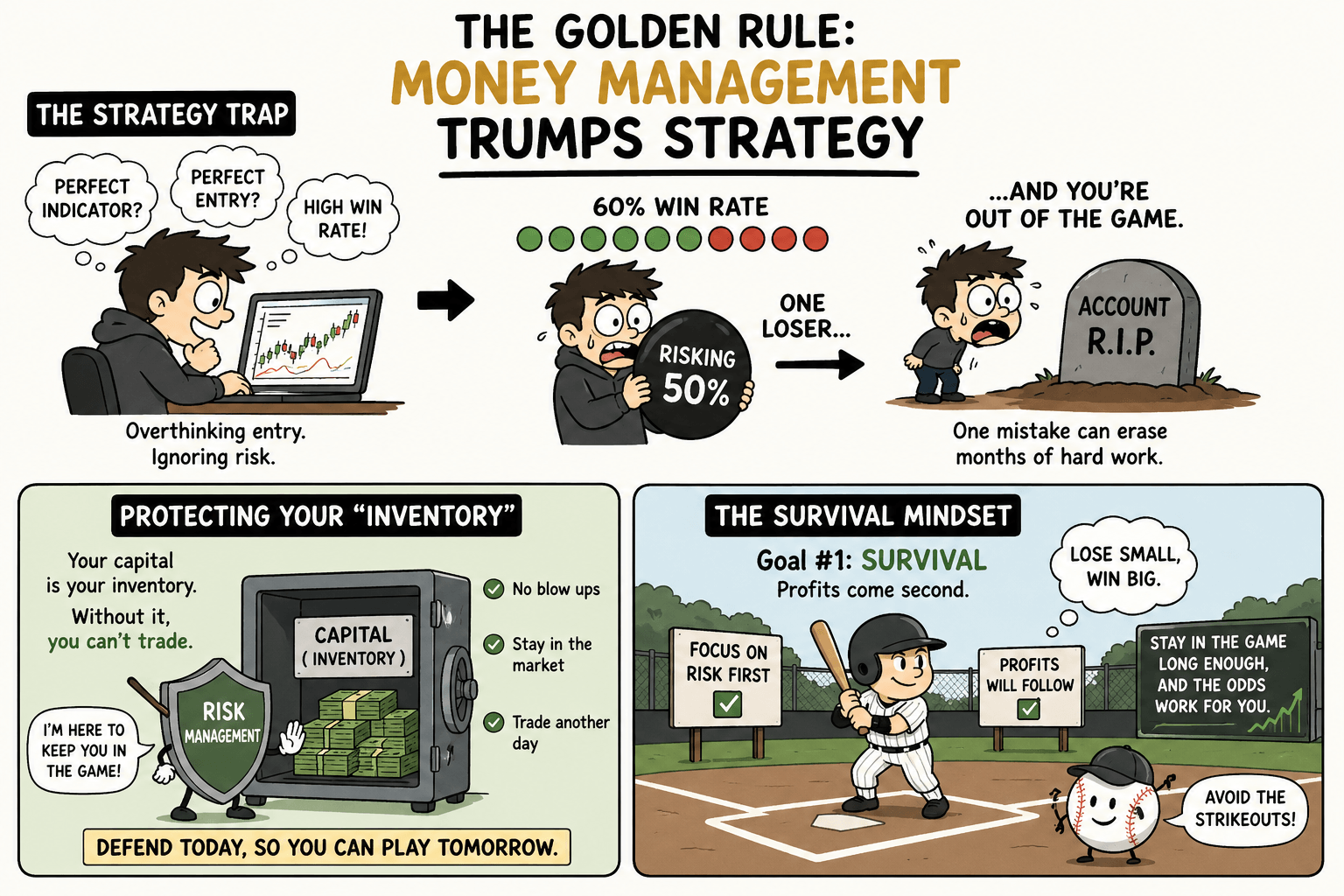 Infographic showing why money management is more important than trading strategy, illustrating the strategy trap and survival mindset.