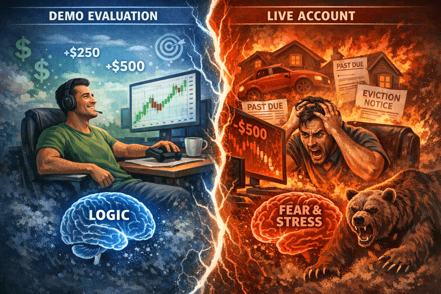 A split-screen illustration comparing a calm trader using logic on a demo account versus a stressed trader experiencing fear and financial pressure on a live account.
