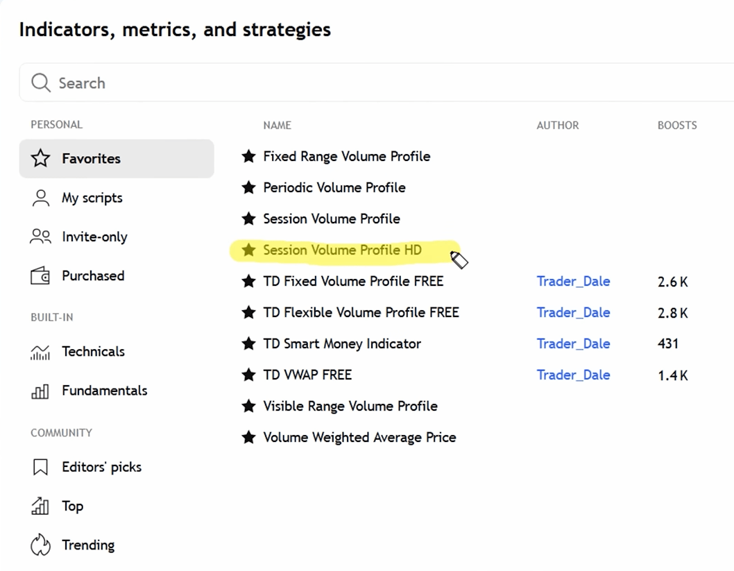 The TradingView indicators search menu with "Session Volume Profile HD" highlighted in yellow.