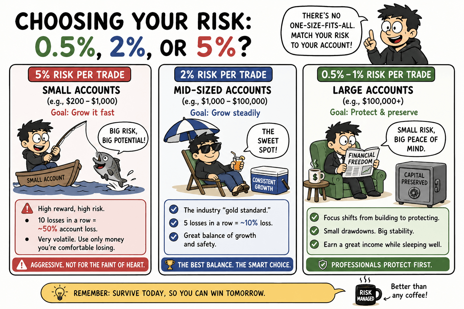 Chart comparing 0.5 percent, 2 percent, and 5 percent risk per trade for different trading account sizes.
