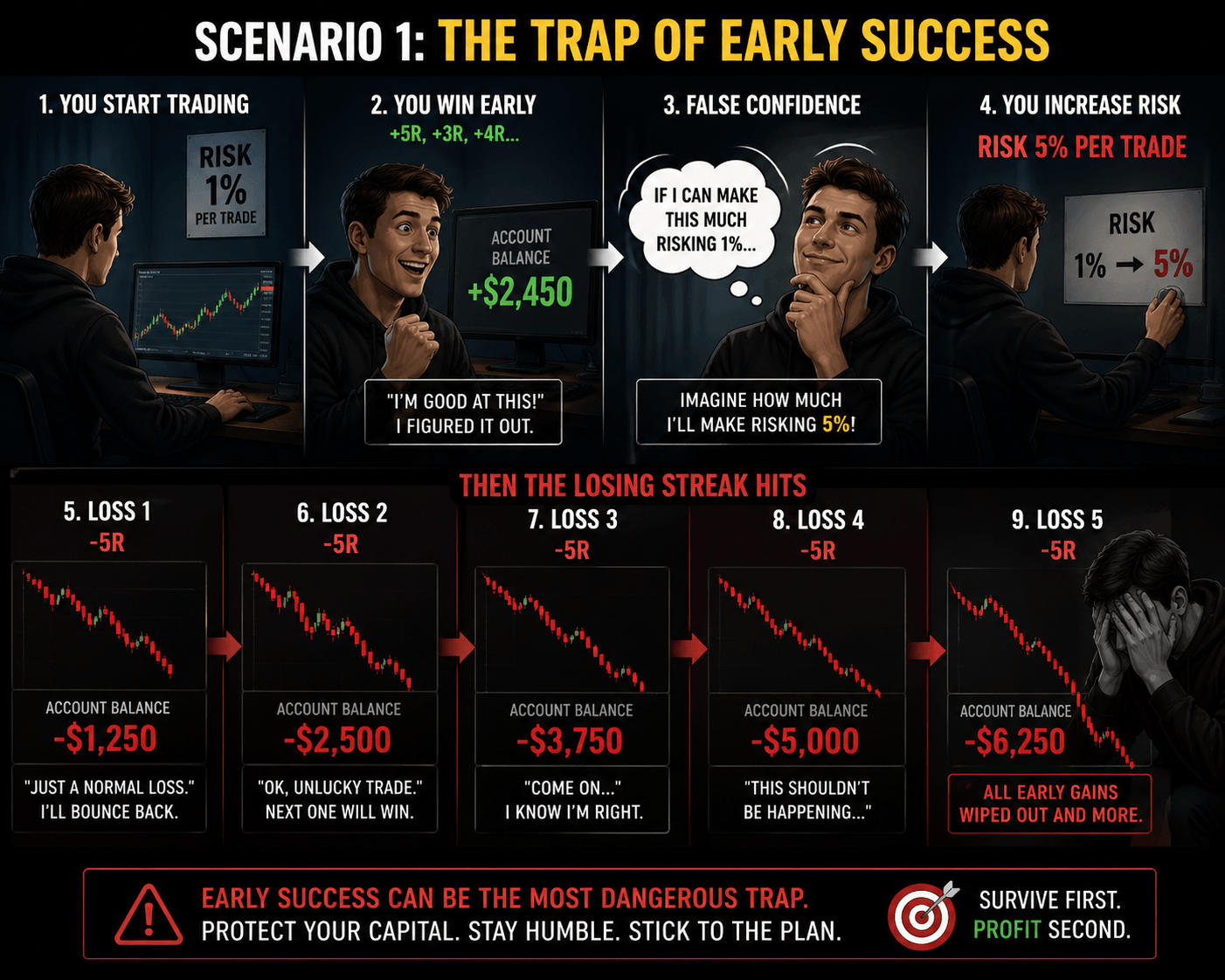 Infographic showing how early wins lead to false confidence, increased risk, and account wipeout during a subsequent losing streak.