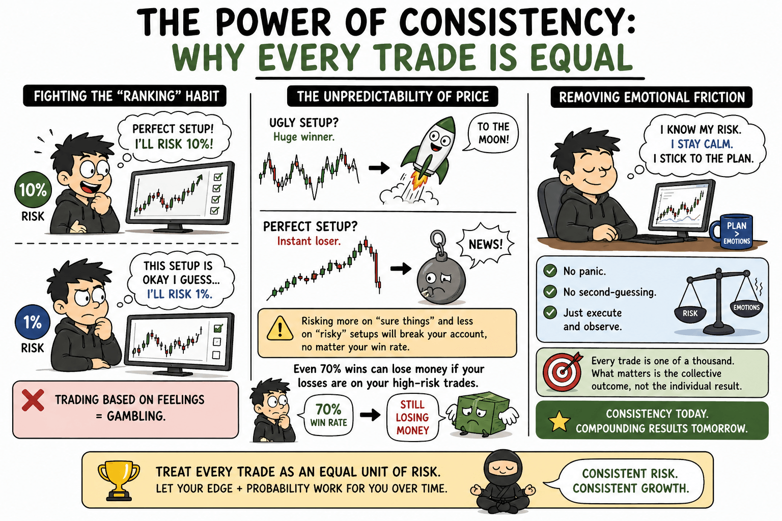 Educational graphic explaining the power of consistency in trading and why risking the same amount on every trade prevents emotional gambling.