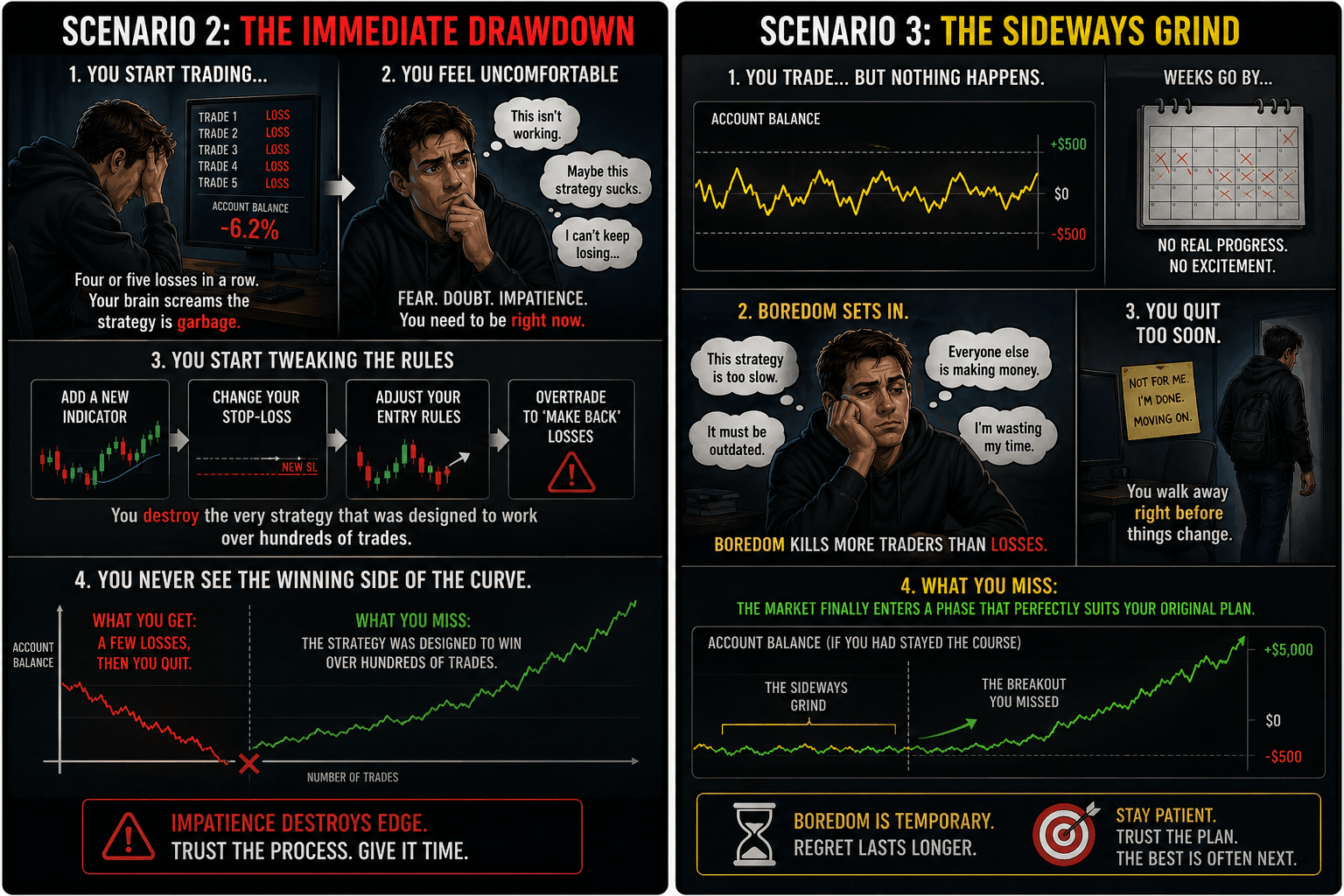 Two-panel infographic illustrating the dangers of quitting early due to immediate losses or a period of boring, sideways market movement.