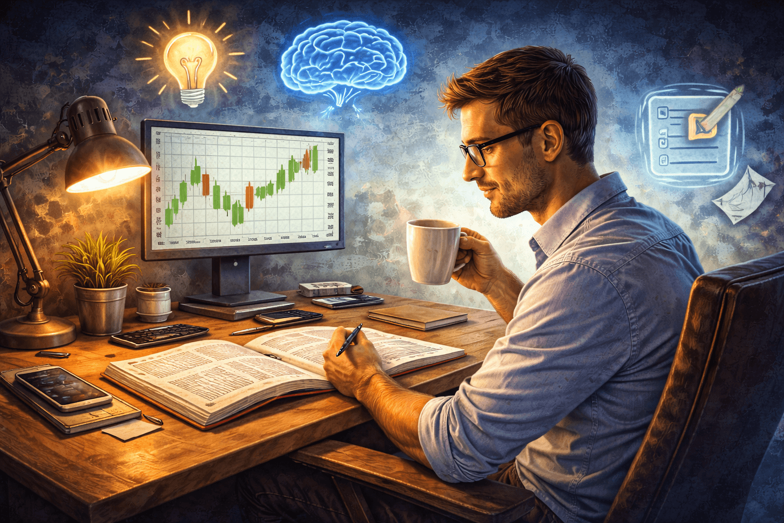 A focused trader in a well-organized office studying a trading journal and price charts under a desk lamp, symbolizing discipline and education.