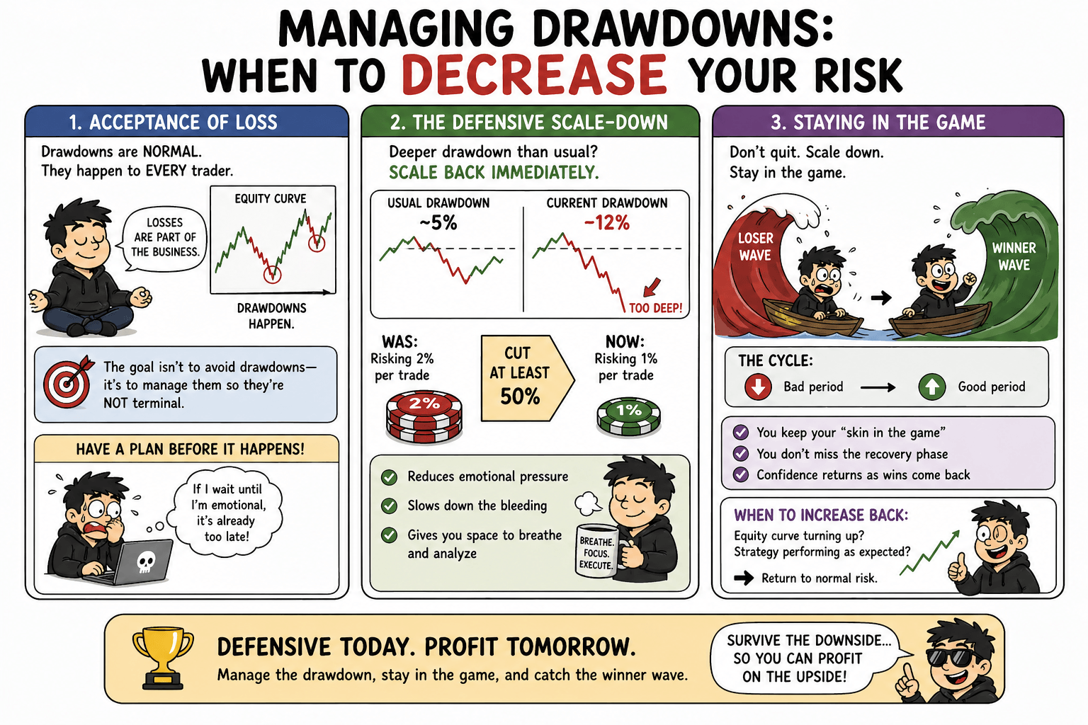 Infographic illustrating when to decrease risk during a drawdown and how to scale back by 50 percent to stay in the market.