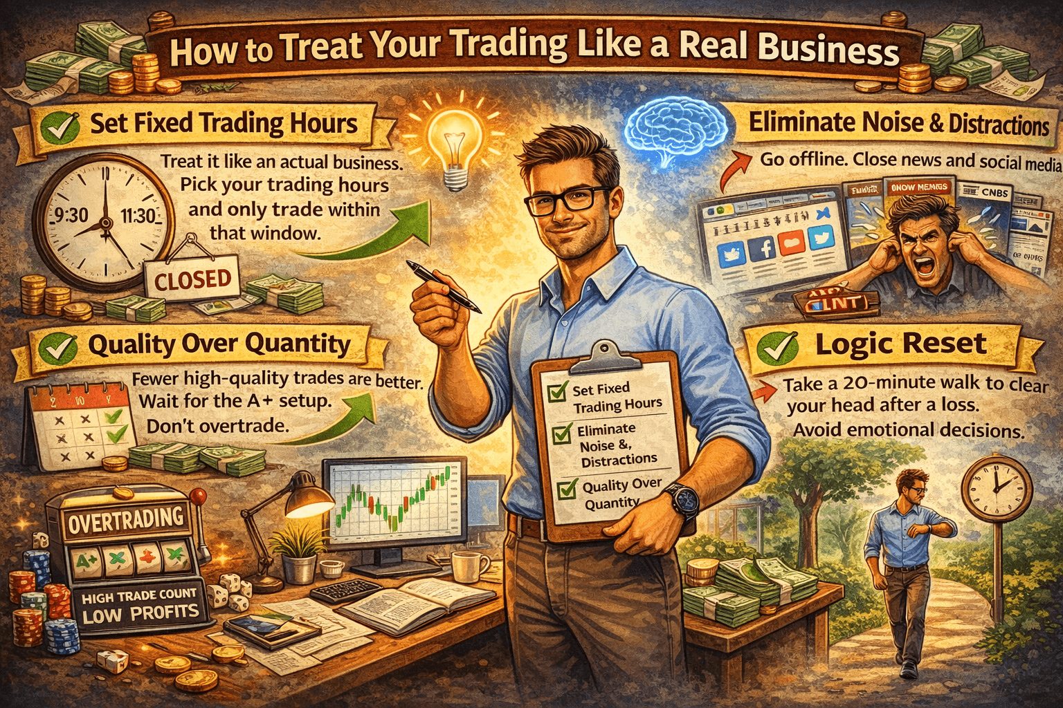 An educational infographic showing a professional trader with a checklist for fixed hours, quality over quantity, and logic resets.