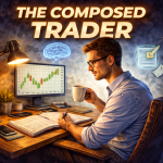 A calm, focused male trader sitting at a clean wooden desk, drinking coffee and writing in a journal while viewing a bullish candlestick chart on his monitor.
