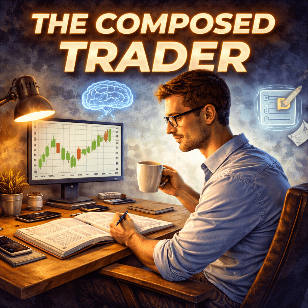 A calm, focused male trader sitting at a clean wooden desk, drinking coffee and writing in a journal while viewing a bullish candlestick chart on his monitor.