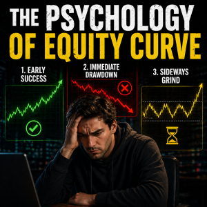 Infographic showing the three psychological stages of an equity curve: Early Success, Immediate Drawdown, and Sideways Grind, with a stressed trader at a laptop.