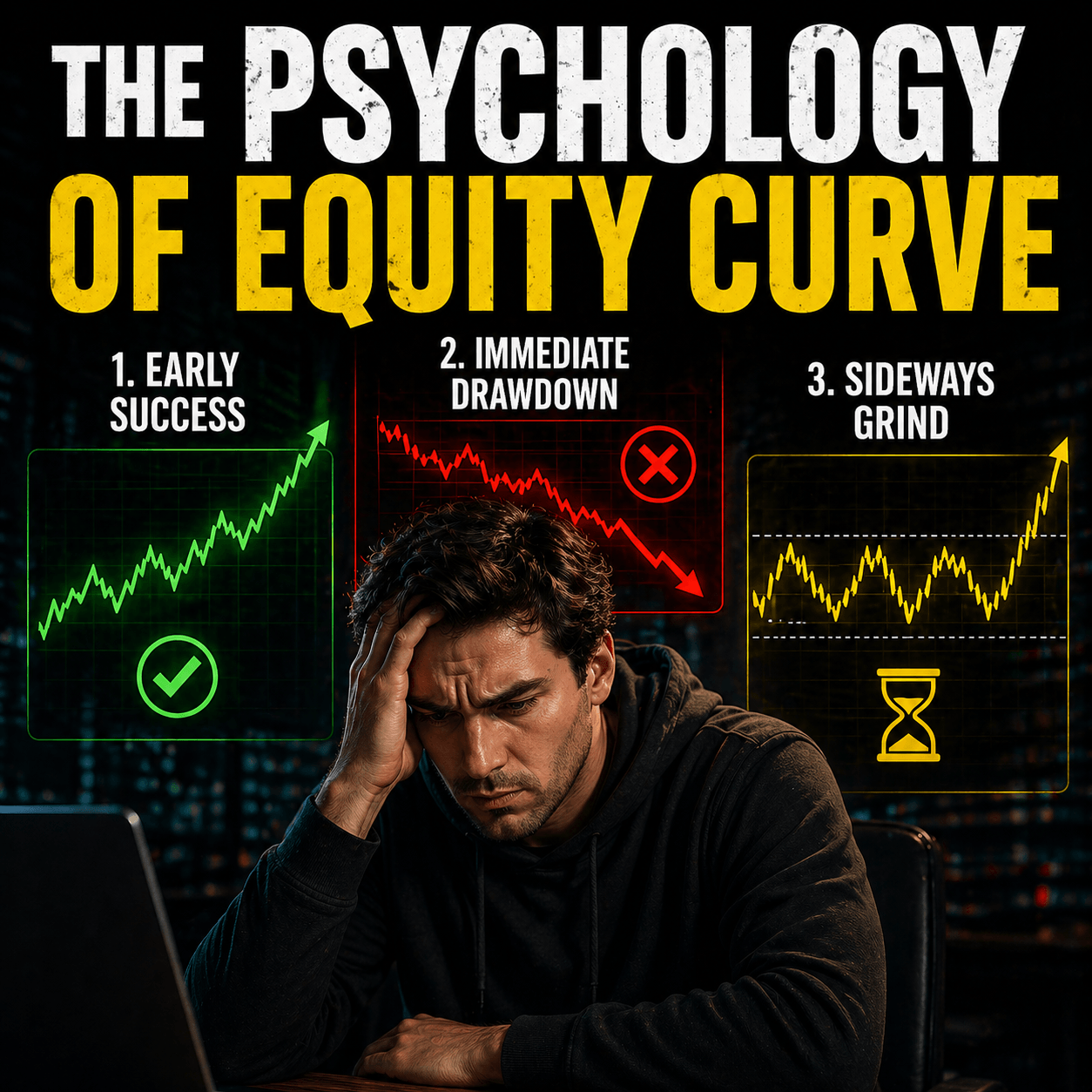 Infographic showing the three psychological stages of an equity curve: Early Success, Immediate Drawdown, and Sideways Grind, with a stressed trader at a laptop.