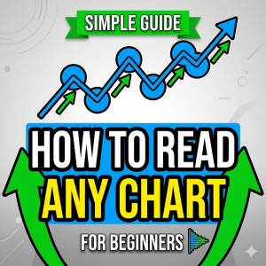 A bold square thumbnail graphic demonstrating with blue lines, green arrows, and a volume histogram how to read any financial chart for beginners. The title in large yellow text states: 'HOW TO READ ANY CHART'.