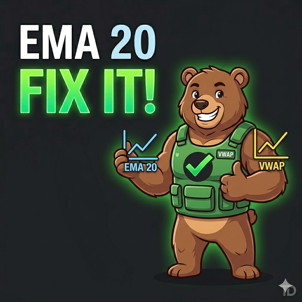 Simple trading thumbnail with "EMA 20 FIX IT!" text and a cartoon bear character giving a thumbs up on a plain dark background.