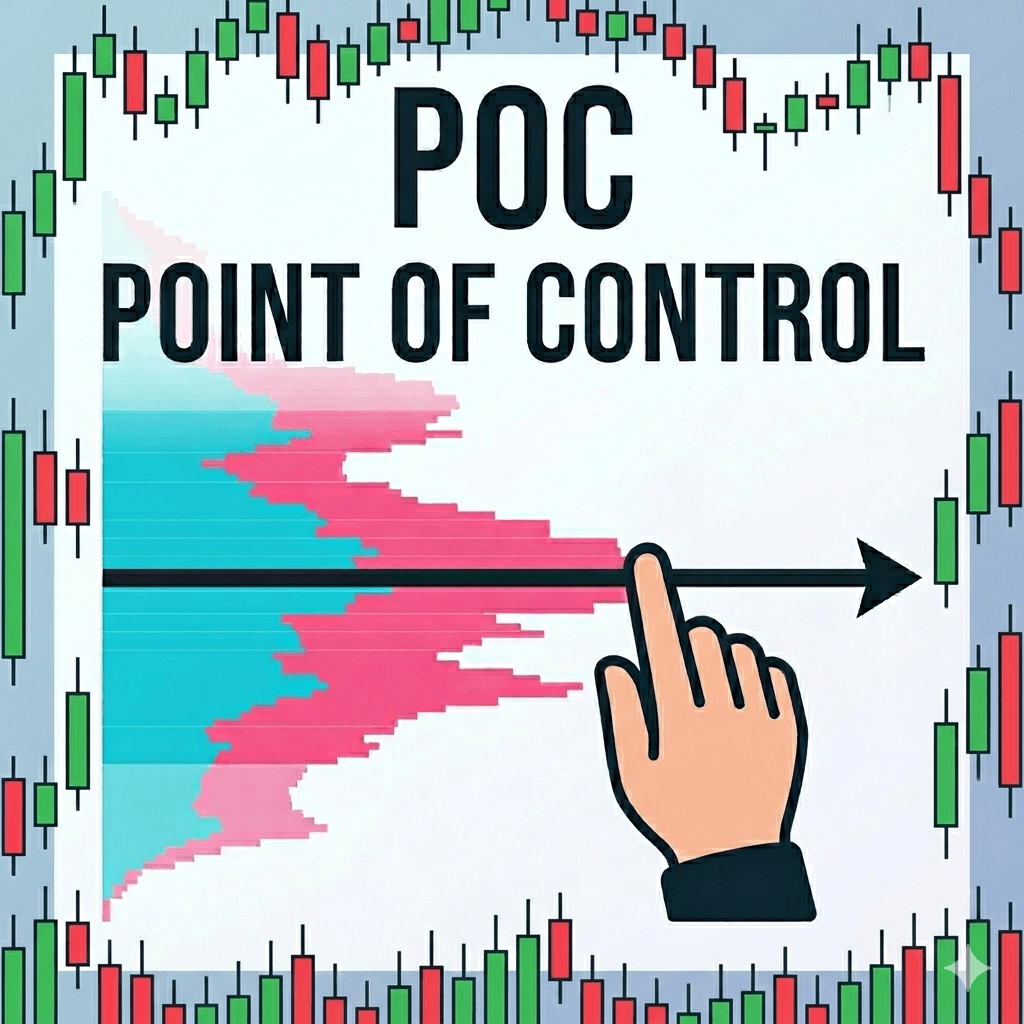 Square professional thumbnail featuring a Volume Profile histogram, a Point of Control arrow, and a cartoon hand pointing to the POC, bordered by red and green candlestick charts.