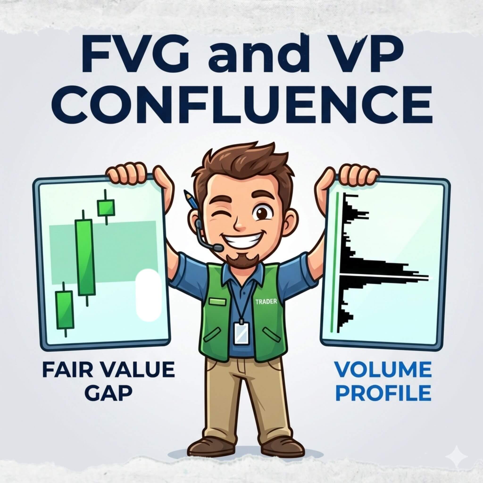 A cartoon trader holding two screens: one with a green three-candle bullish chart indicating a fair value gap, the other showing a volume profile histogram with institutional volume clusters and the POC (Point of Control). Text at the top reads "FVG and VP CONFLUENCE".