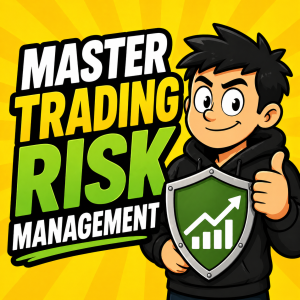 A cartoon character holding a shield with a growth chart, representing the mastery of trading risk management.