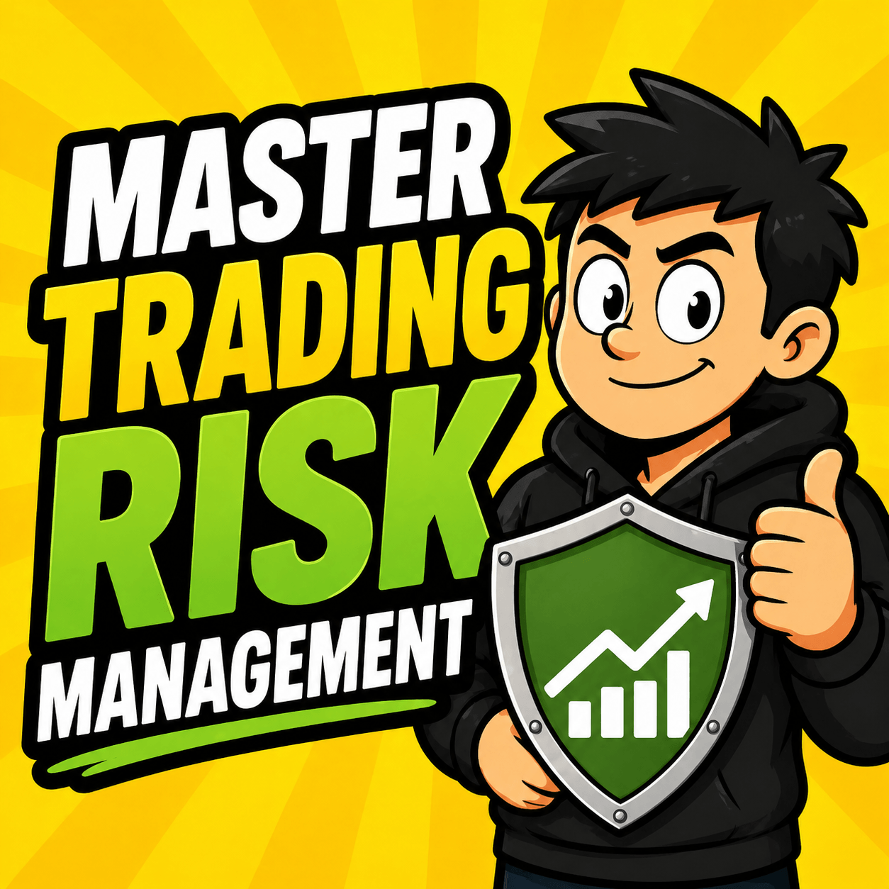 A cartoon character holding a shield with a growth chart, representing the mastery of trading risk management.