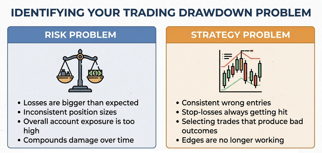 Infographic comparing a risk management problem and a strategy problem as the two root causes of a trading drawdown.