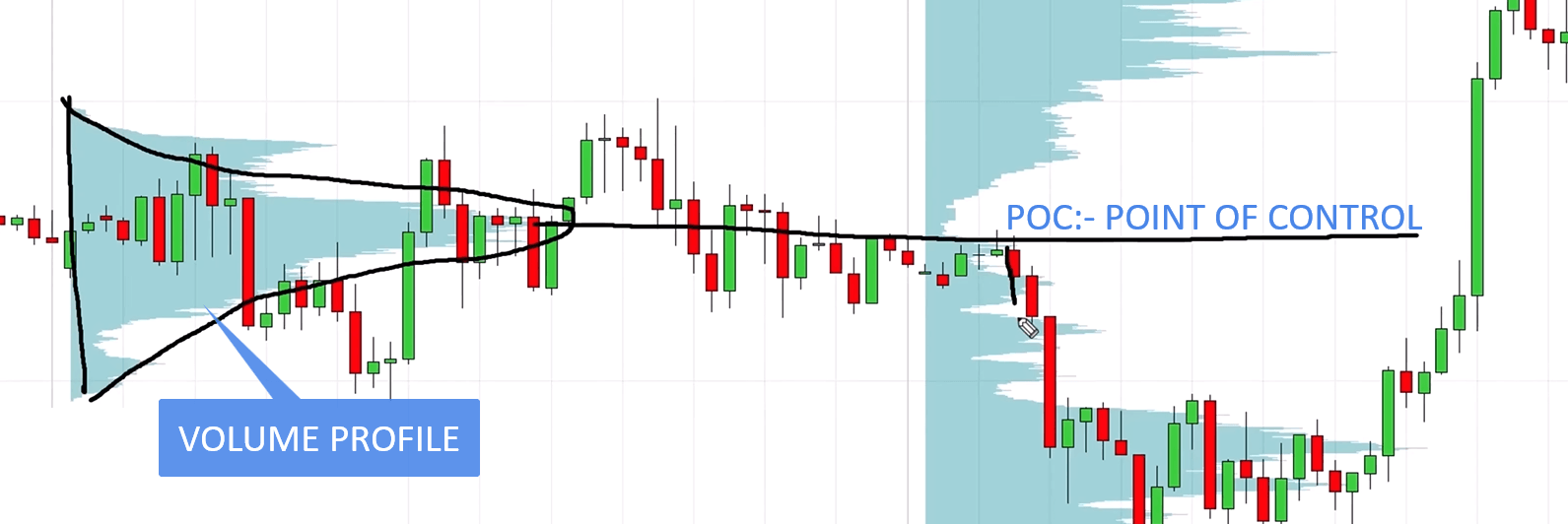 A candlestick chart showing a D-shaped Volume Profile on the left with the Point of Control line extending horizontally across the chart, labeled "POC: Point of Control"