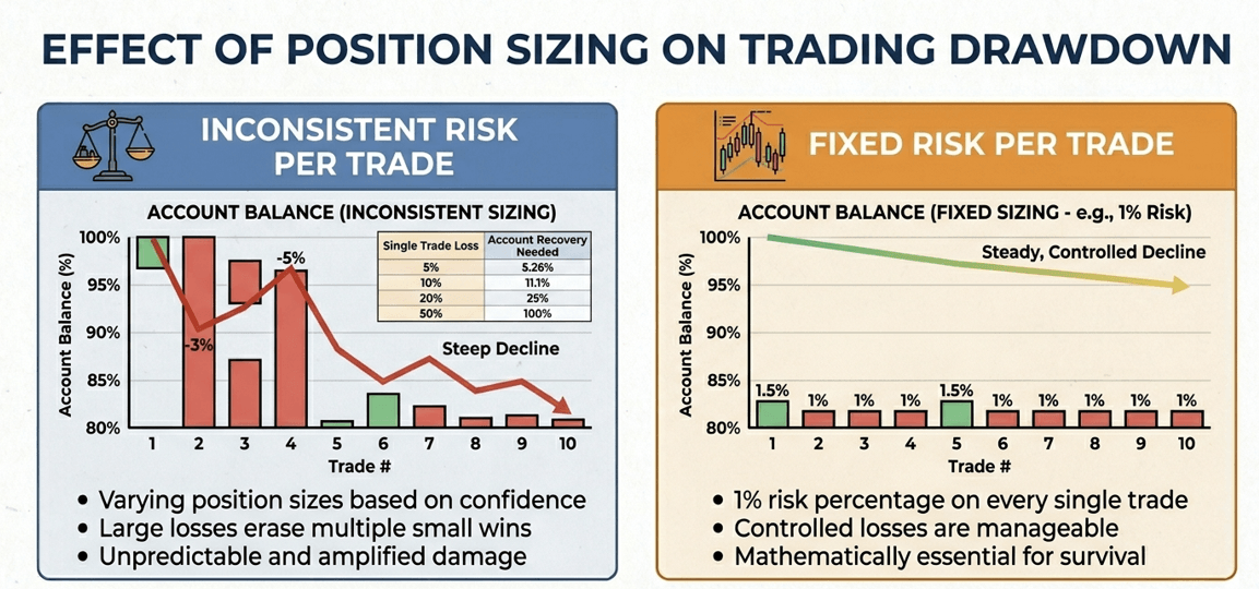 Side by side chart comparing inconsistent position sizing causing a steep account decline versus a fixed 1% risk per trade producing a steady, controlled drawdown.