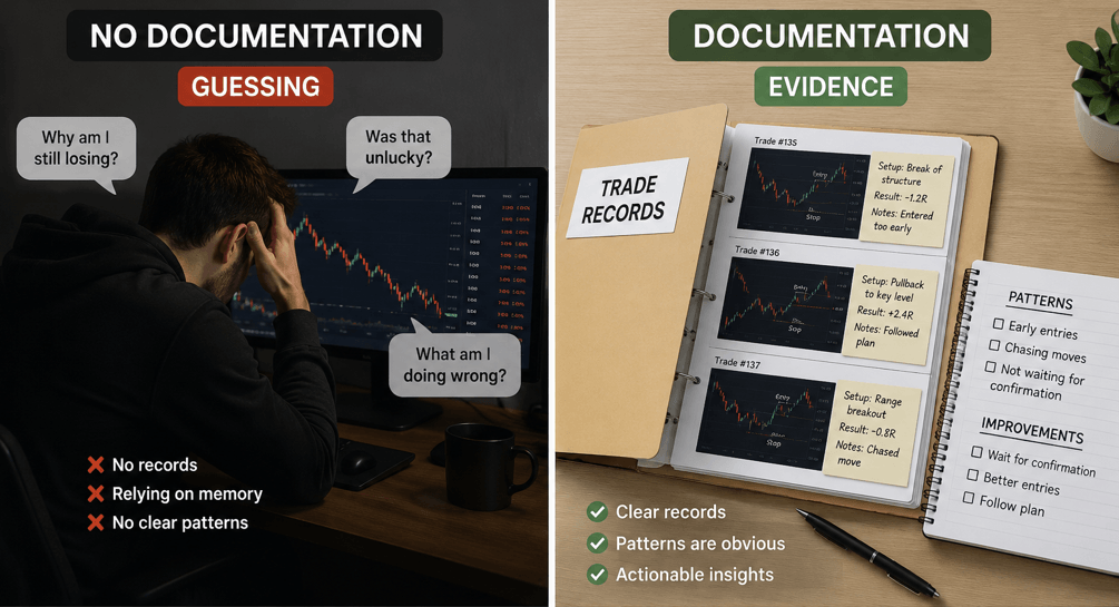 Split image showing a frustrated trader with no trade records on the left, and an organised trade journal with clear patterns and actionable insights on the right.