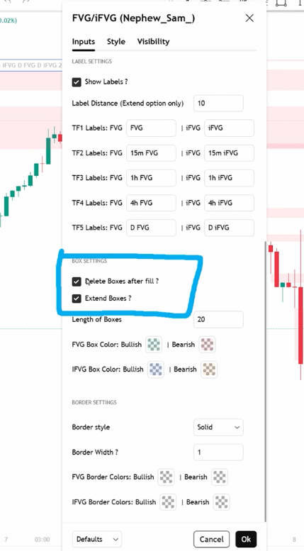 TradingView FVG indicator settings panel showing the Box Settings section with Delete Boxes After Fill and Extend Boxes checkboxes both ticked, highlighted with a blue rectangle