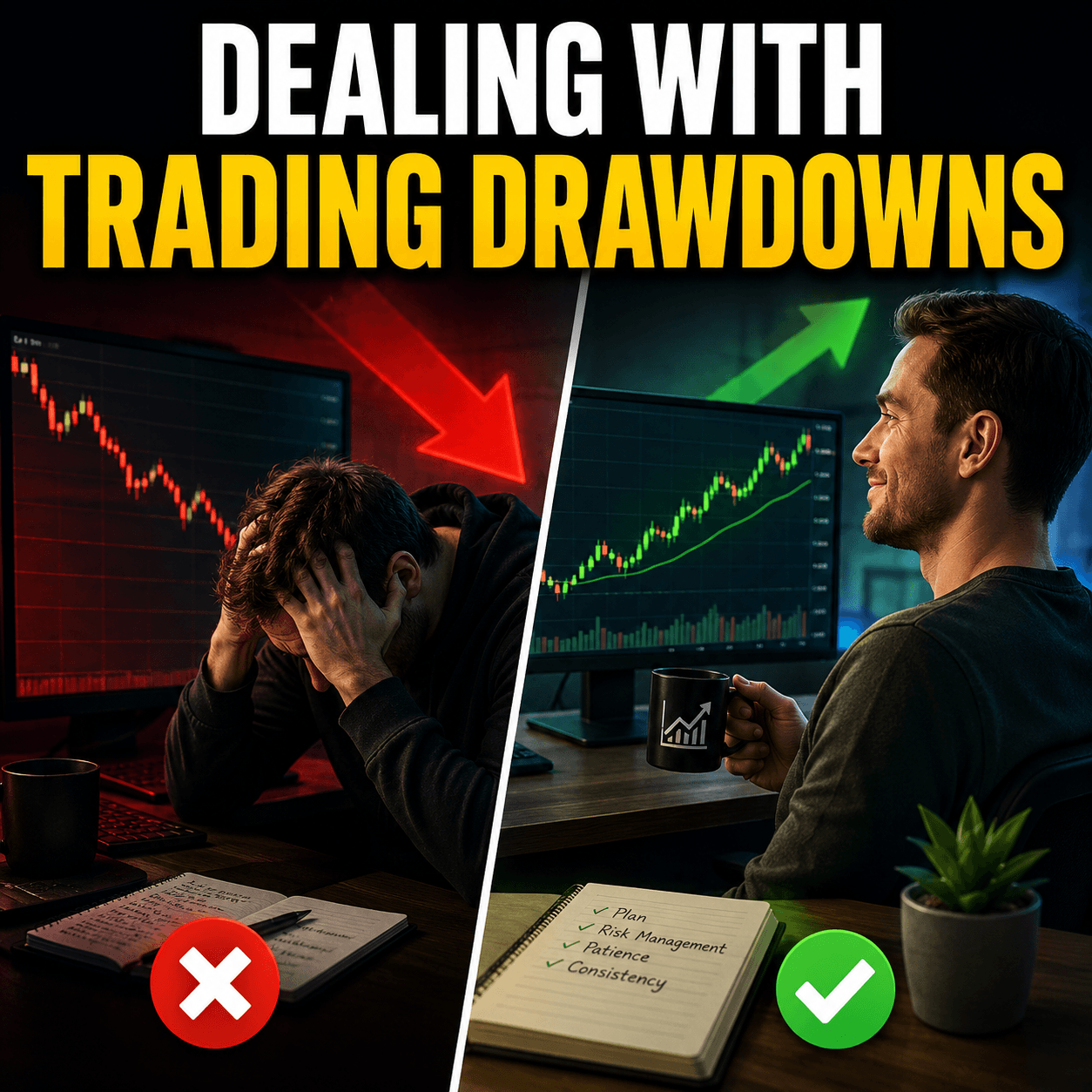 Split-screen trading thumbnail showing one stressed trader in drawdown and another calm trader managing recovery successfully.
