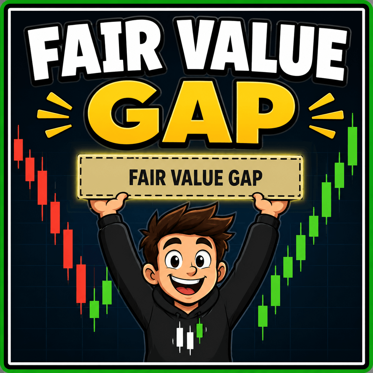 A square cartoon-style trading thumbnail showing a smiling trader holding a glowing “Fair Value Gap” sign, with red and green candlestick charts in the background, bold yellow “GAP” text at the top, and a bright green border around the image.