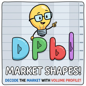 Cartoon illustration of a lightbulb character pointing at Volume Profile letters (D, P, b, I) on a trading chart grid.