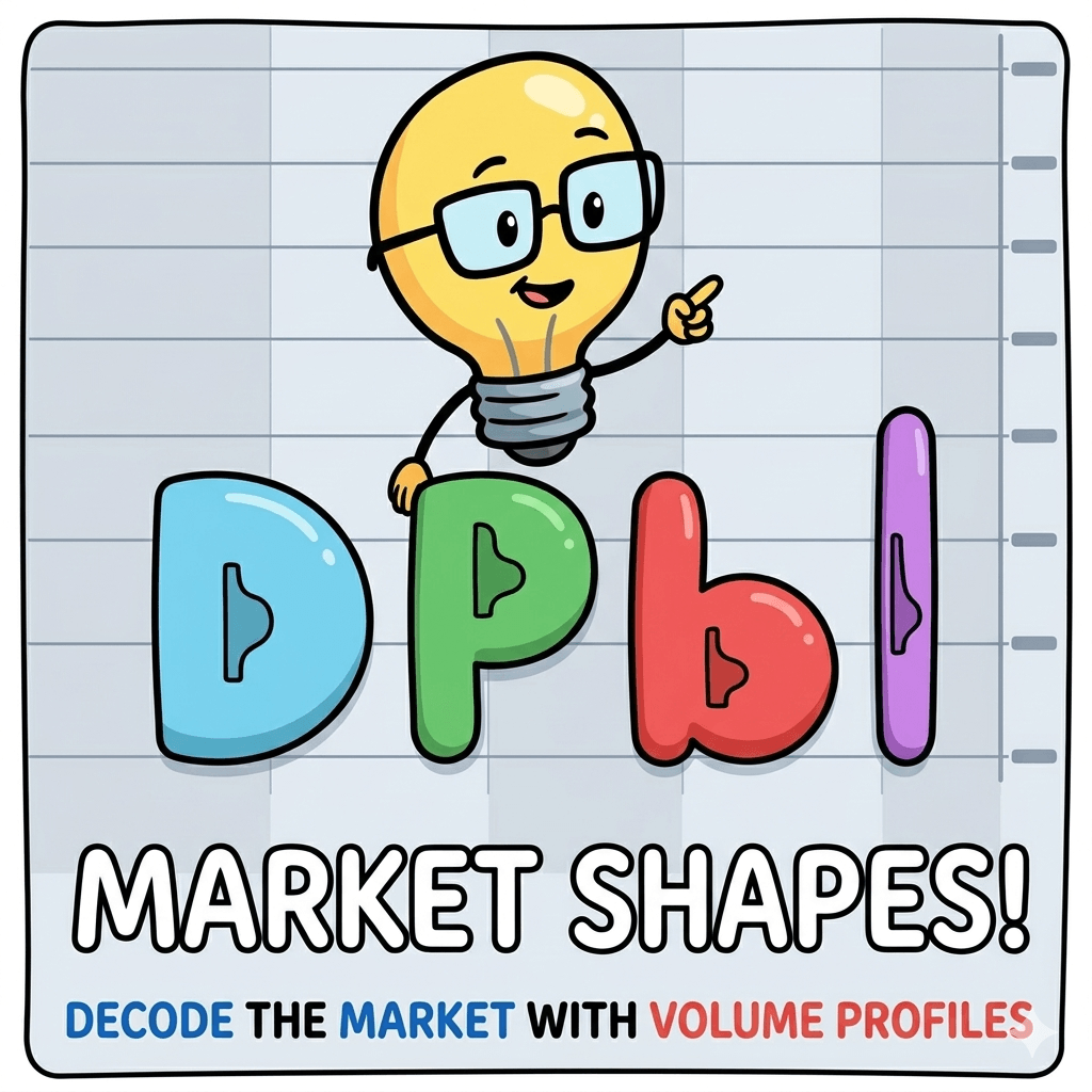 Cartoon illustration of a lightbulb character pointing at Volume Profile letters (D, P, b, I) on a trading chart grid.