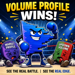 Cartoon illustration of a blue Volume Profile character wearing boxing gloves and celebrating a victory in a boxing ring, with a defeated purple Market Profile disc and a knocked-out red and green UpDown Volume indicator on either side, with the text "Volume Profile Wins" above and "See the Real Battle. See the Real Edge." below.