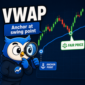Illustrated cartoon owl mascot pointing a magnifying glass at a candlestick chart showing the VWAP anchor point and the fair price zone.