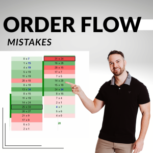 Instructor pointing to a footprint chart displaying bid and ask volume data, used to illustrate common Order Flow trading mistakes