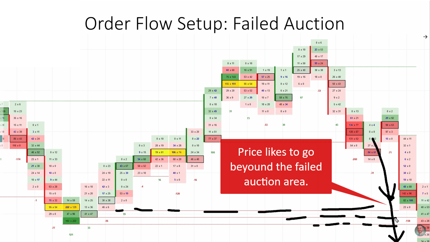 Chart showing price returning later to test an order flow failed auction level