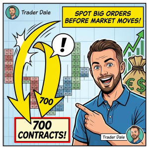 Comic-style trading thumbnail featuring a man pointing to an order flow footprint chart with a large yellow arrow highlighting "700 CONTRACTS!" and text reading "SPOT BIG ORDERS BEFORE MARKET MOVES!