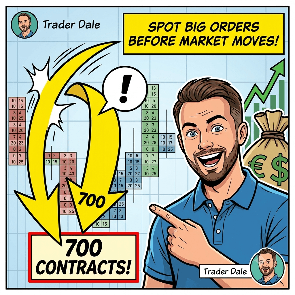 Comic-style trading thumbnail featuring a man pointing to an order flow footprint chart with a large yellow arrow highlighting "700 CONTRACTS!" and text reading "SPOT BIG ORDERS BEFORE MARKET MOVES!