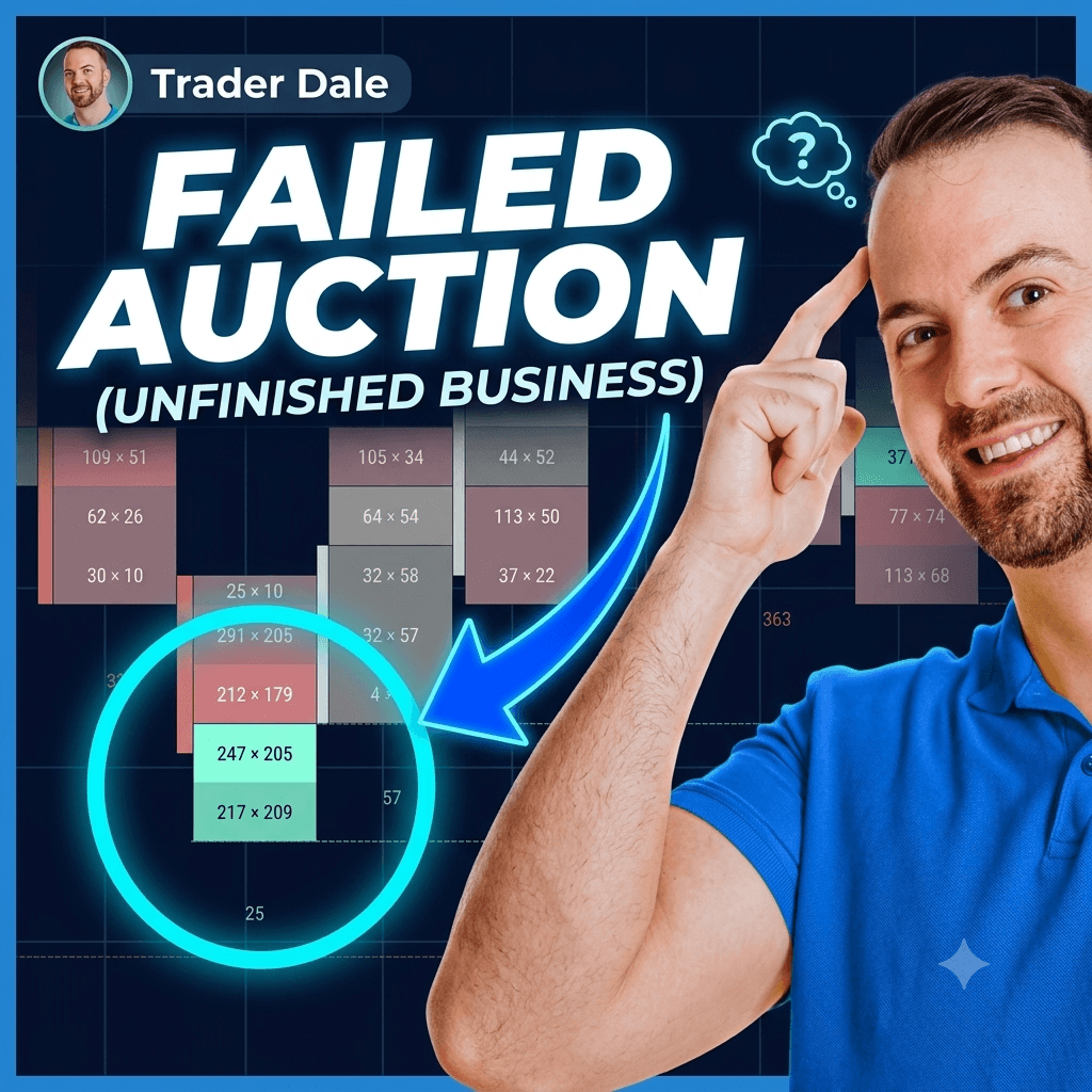 Trader Dale pointing to a neon footprint chart titled "FAILED AUCTION (UNFINISHED BUSINESS)". A neon blue arrow and circle highlight high-volume buying imbalances with numbers 247x205 and 217x209.