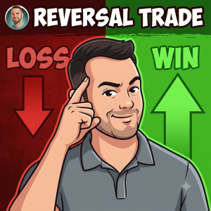 A 2D cartoon illustration of a male trader pointing to his head thoughtfully, set against a split background showing a red 'LOSS' side with a downward arrow and a green 'WIN' side with an upward arrow. The text 'REVERSAL TRADE' is displayed boldly at the top.