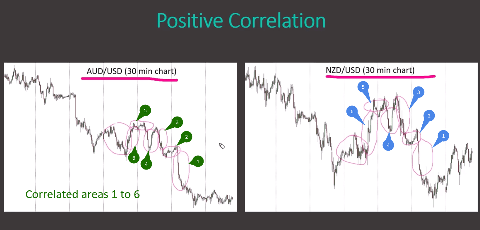 AUD/USD and NZD/USD charts showing positive correlation as an example of correlation risk in Forex trading