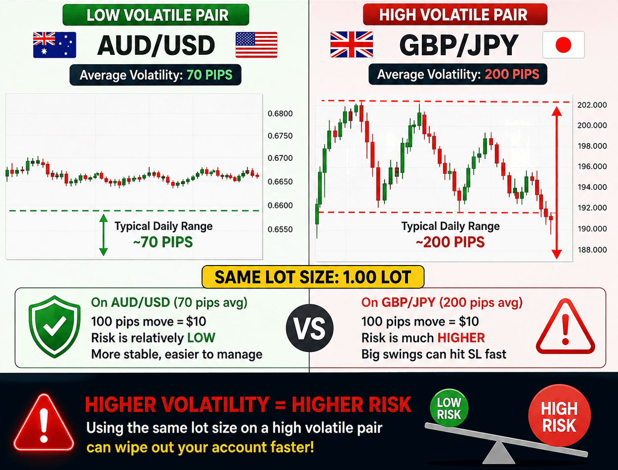 Chart comparing fixed lot size risk on a calm pair versus a volatile pair
